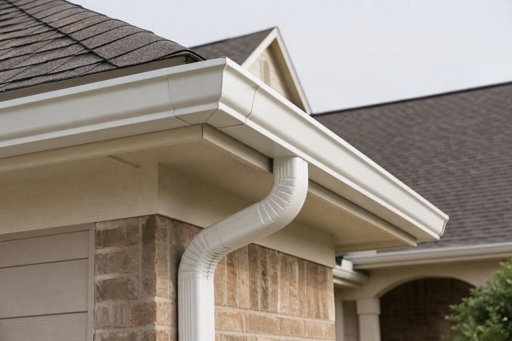 Newly installed seamless gutter system on a home ready for gutter installation in Atascocita